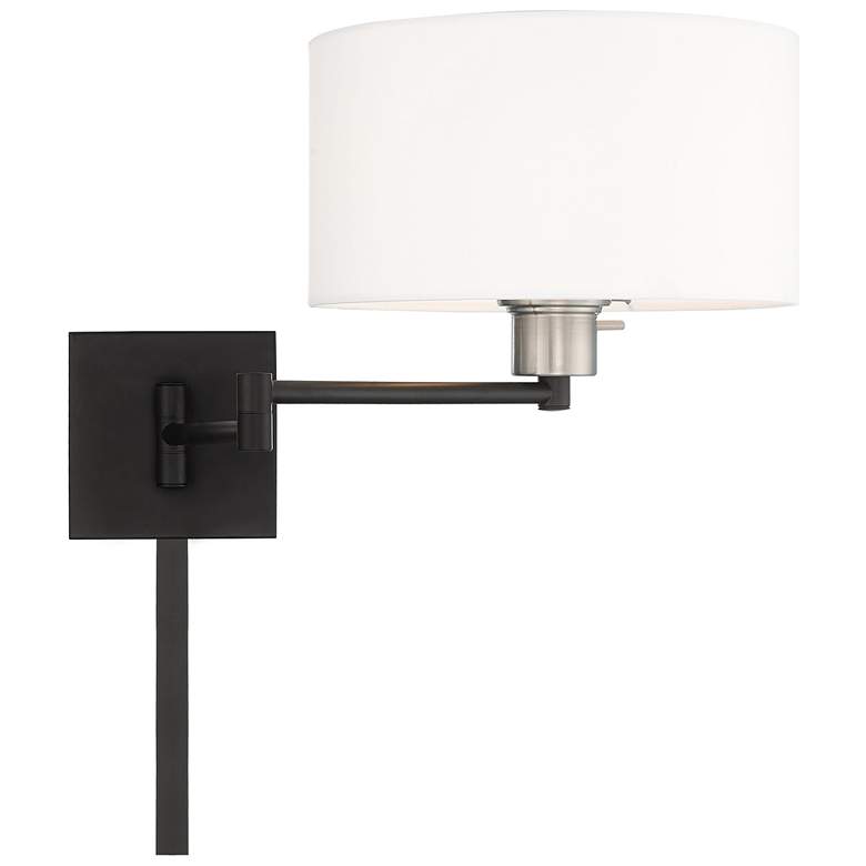 Black Swing Arm Wall Lamp with Off-White Fabric Drum Shade more views
