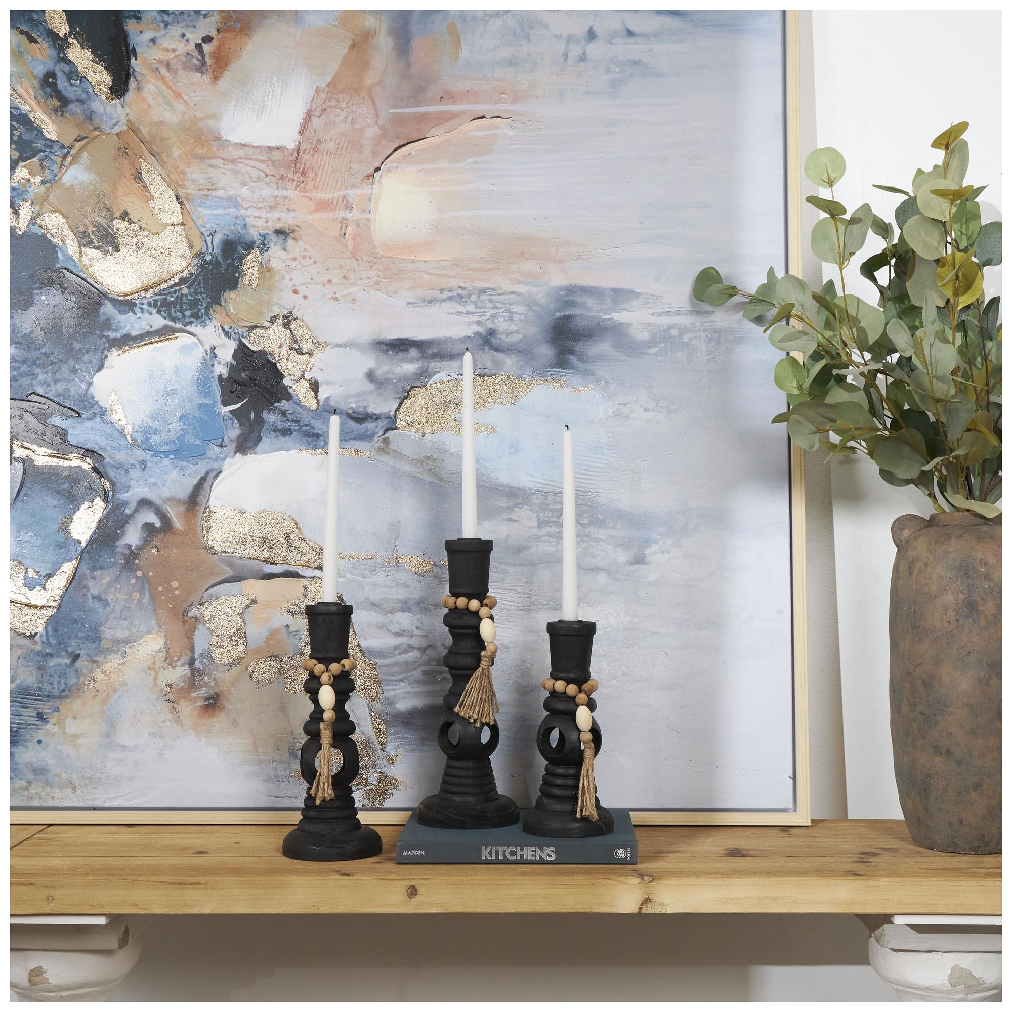 Image 3 Black Wood Bohemian Candle Holder, S/3 14", 12", 10"H more views