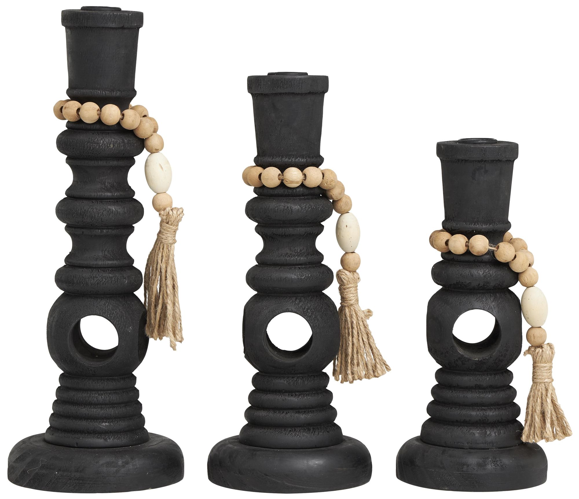 Image 4 Black Wood Bohemian Candle Holder, S/3 14", 12", 10"H more views