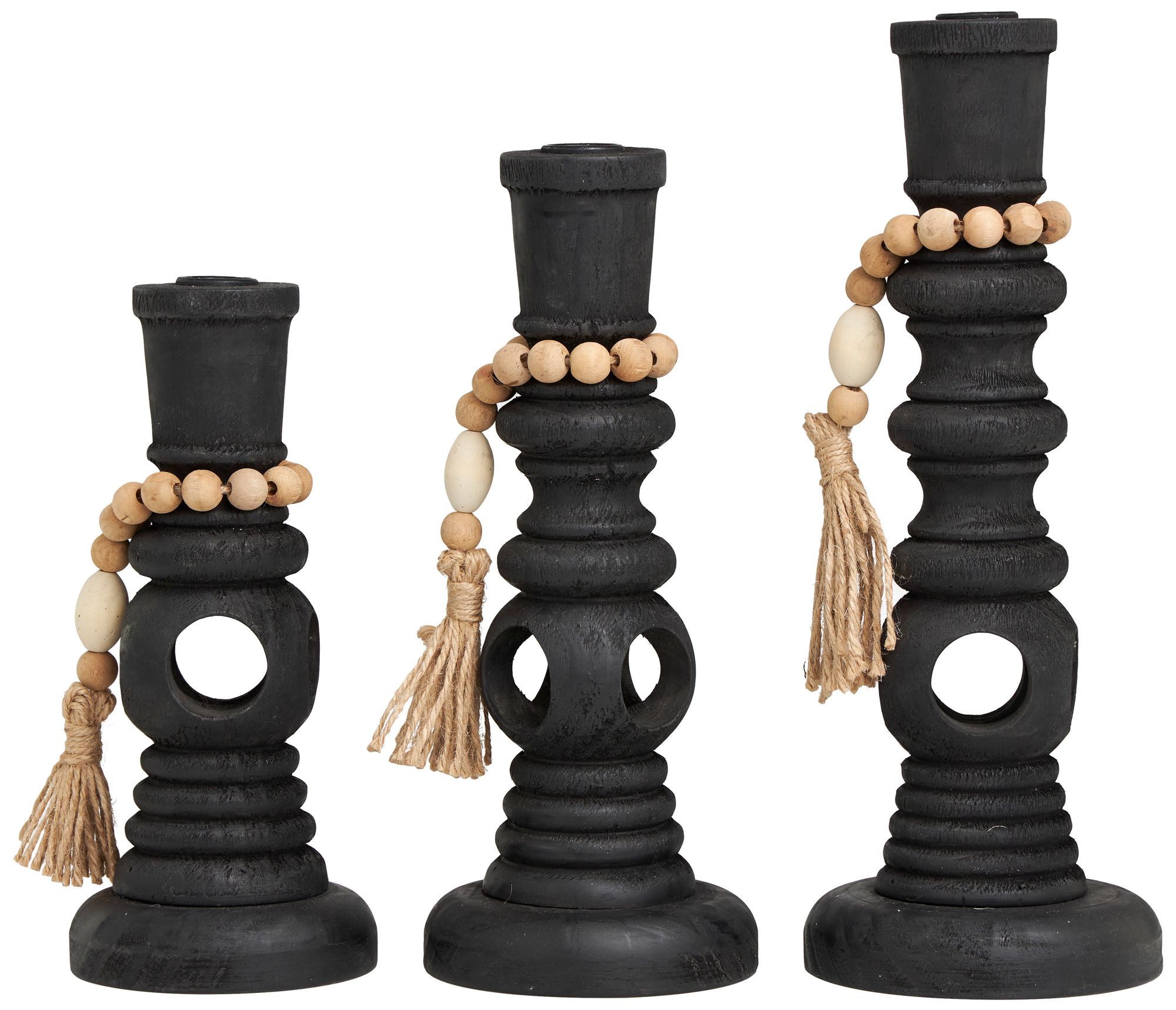 Image 5 Black Wood Bohemian Candle Holder, S/3 14", 12", 10"H more views