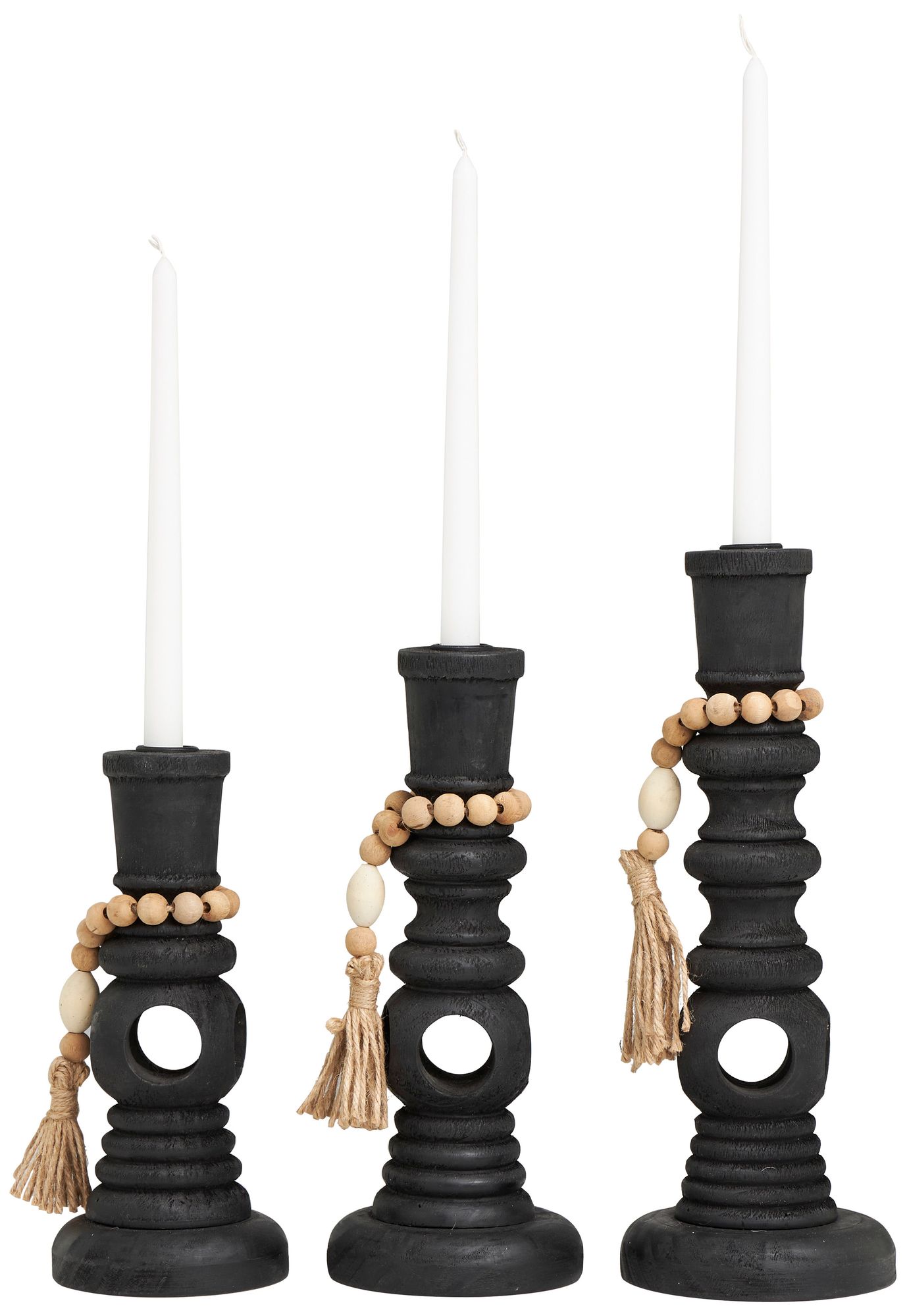 Black Wood Bohemian Candle Holder, S/3 14", 12", 10"H