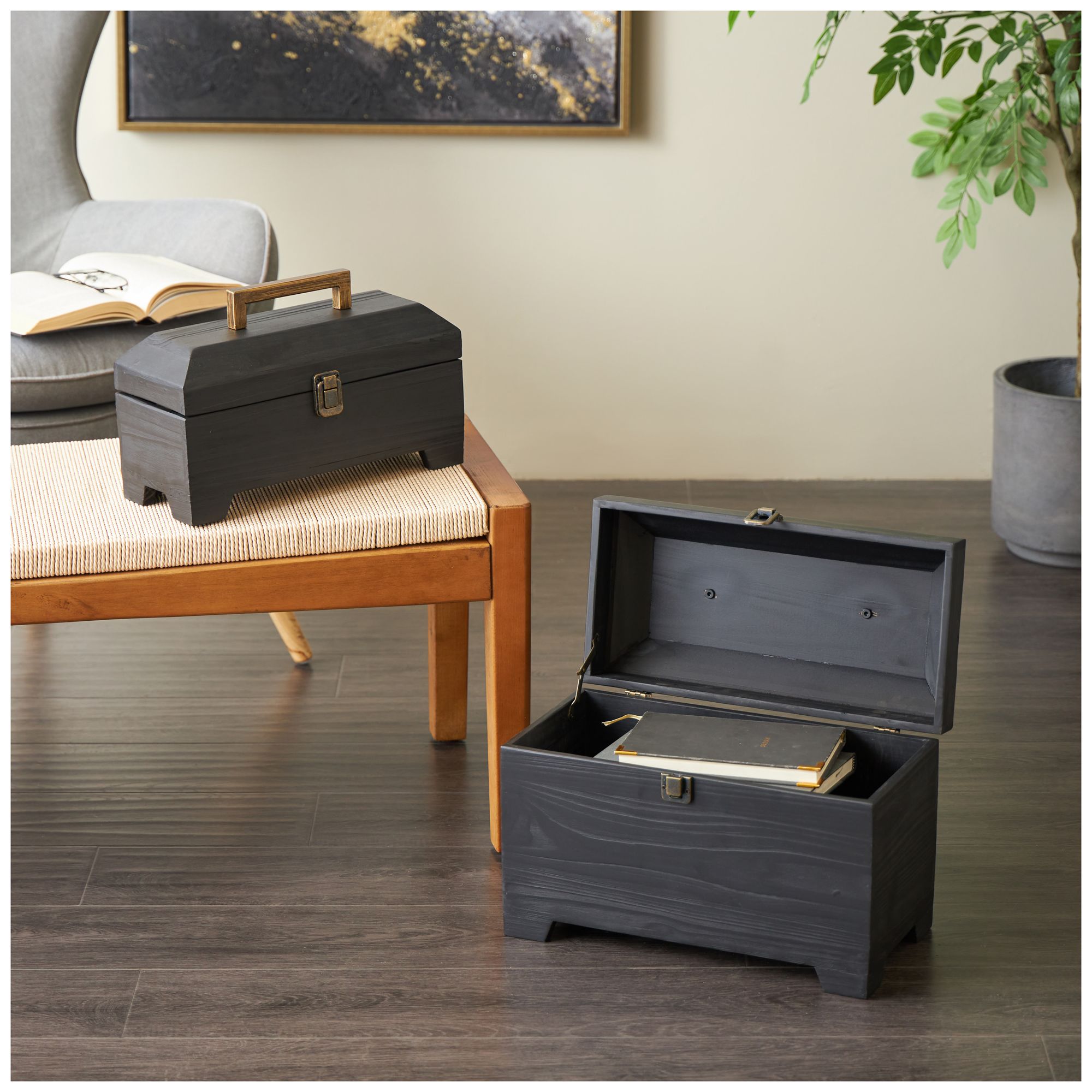 Image 4 Black Wood Contemporary Box, S/2 16", 14"W more views