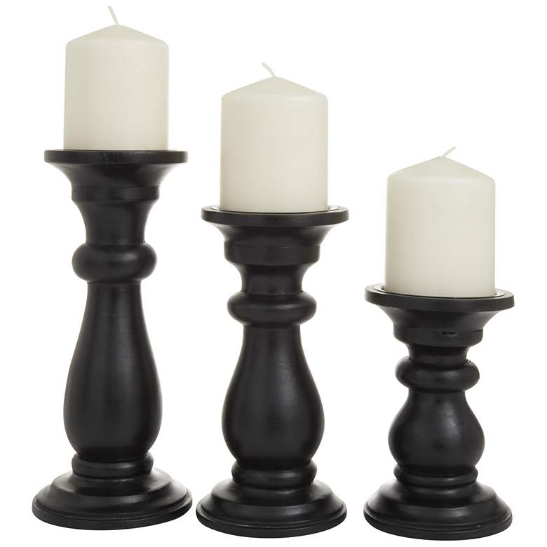 Image 1 Black Wood Turned Pillar Decorative Candle Holder, Set of 3 10", 8", 6"H