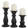 Black Wood Turned Pillar Decorative Candle Holder, Set of 3 10", 8", 6"H