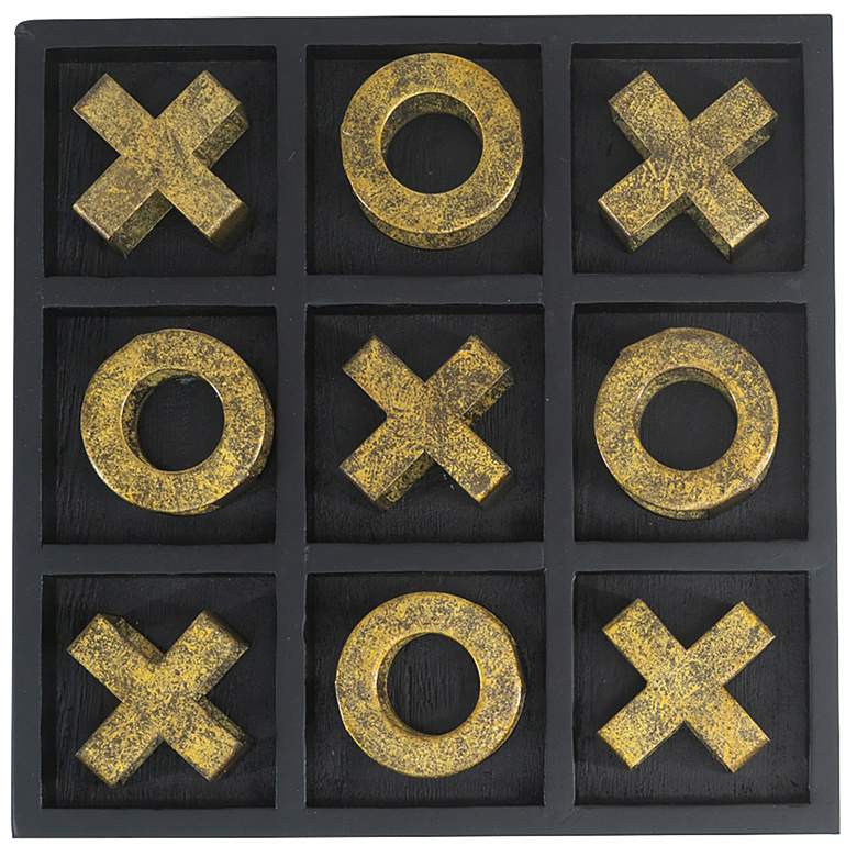 Image 1 Black Wooden Tic-Tac-Toe Game Set with Gold Iron Pieces 10x10x1"