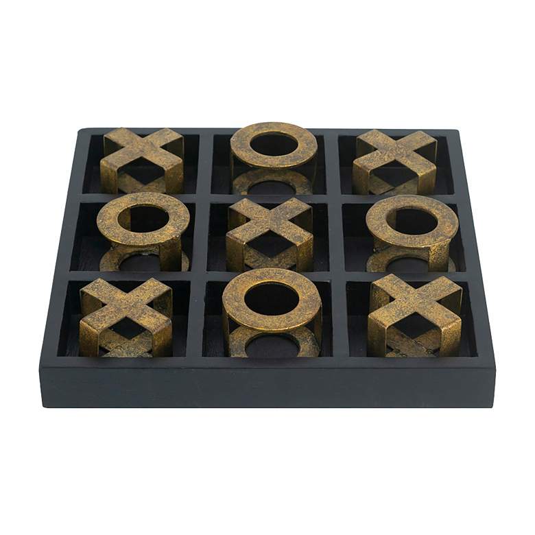 Image 2 Black Wooden Tic-Tac-Toe Game Set with Gold Iron Pieces 10x10x1" more views
