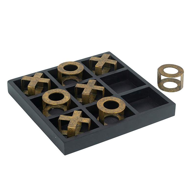 Image 3 Black Wooden Tic-Tac-Toe Game Set with Gold Iron Pieces more views