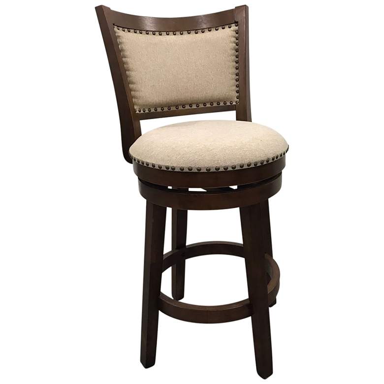Image 1 Blaine Beige Upholstered Walnut Swivel Barstool Set of 2