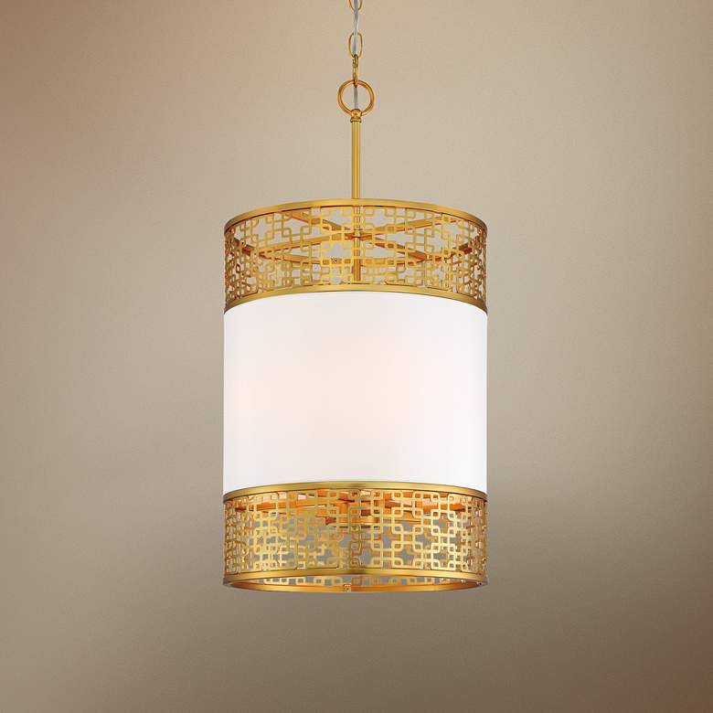 Image 1 Blairmoor 14"W Honey Gold and Faux Silk Foyer Pendant Light