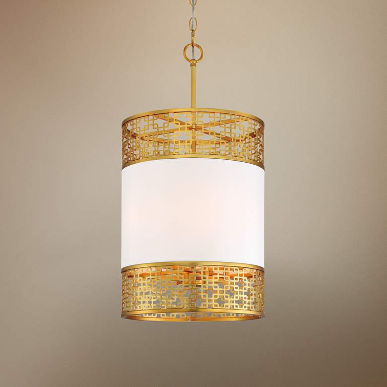 Image 1 Blairmoor 14 inchW Honey Gold and Faux Silk Foyer Pendant Light