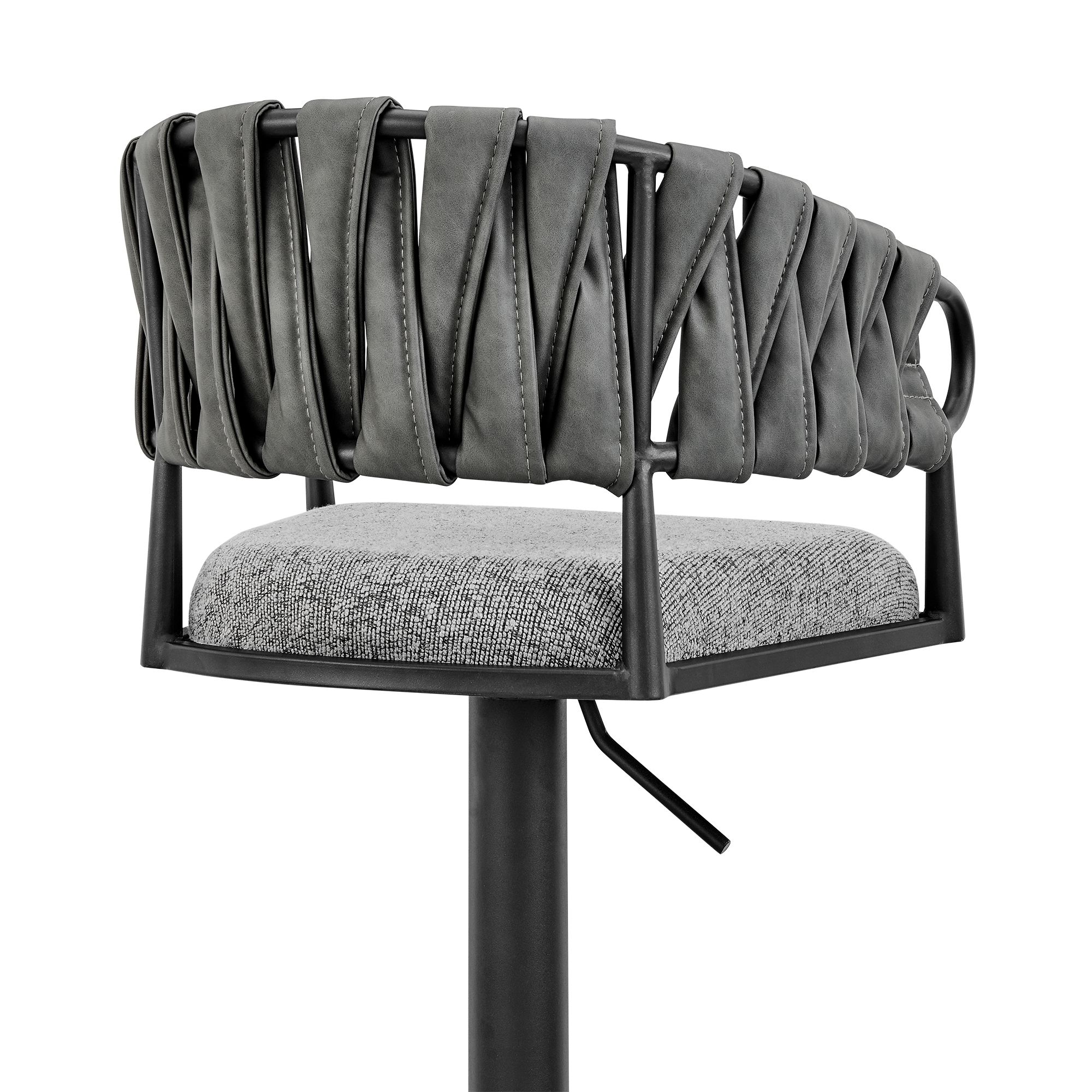 Blaise Adjustable Barstool in Gray Fabric and Faux Leather, Black Metal