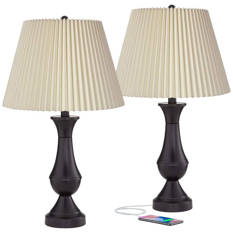 Image 1 Blakely Bronze LED Touch Lamps with USB Ports and Pleated Shades- Set of 2