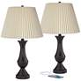 Blakely Bronze LED Touch Lamps with USB Ports and Pleated Shades- Set of 2