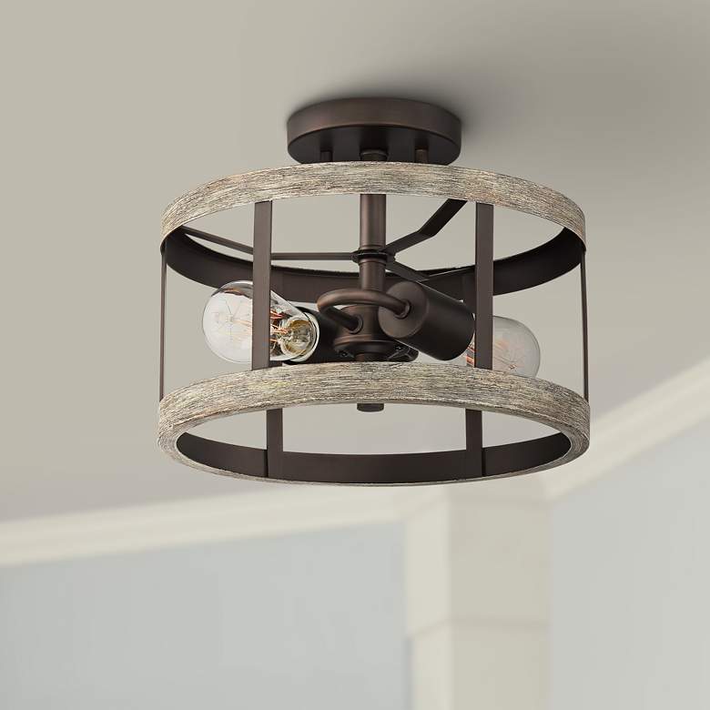 Image 1 Blantyre 12"W Bronze and Wood 2-Light Ceiling Light