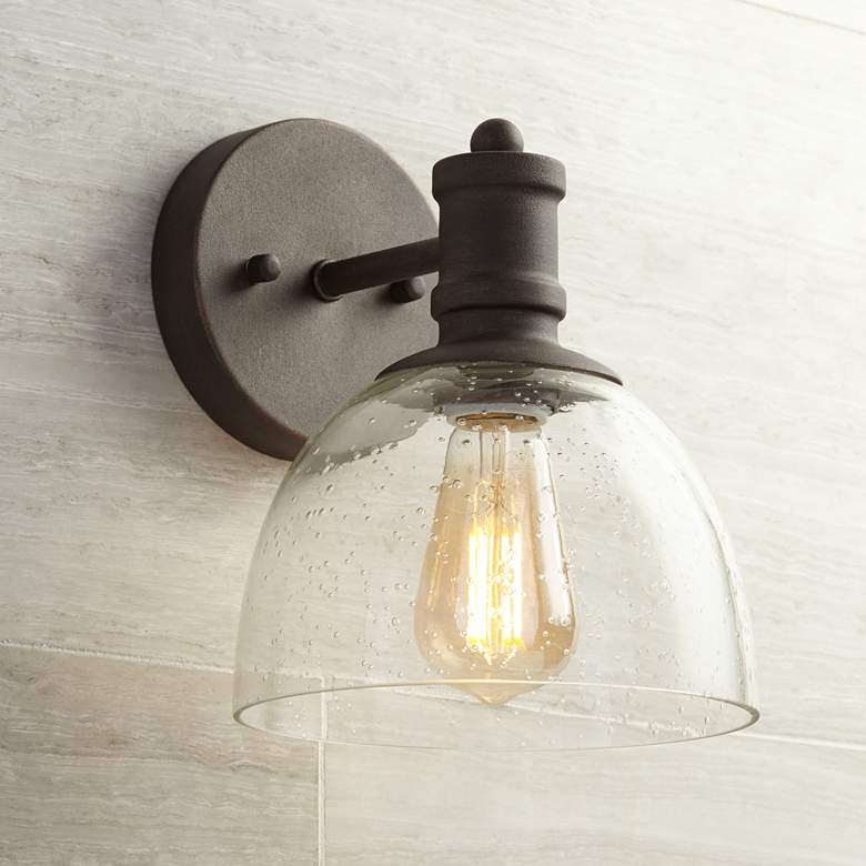 Image 1 Bleecker Industrial 9 1/4 inchH Bronze Wall Sconce with LED Bulb
