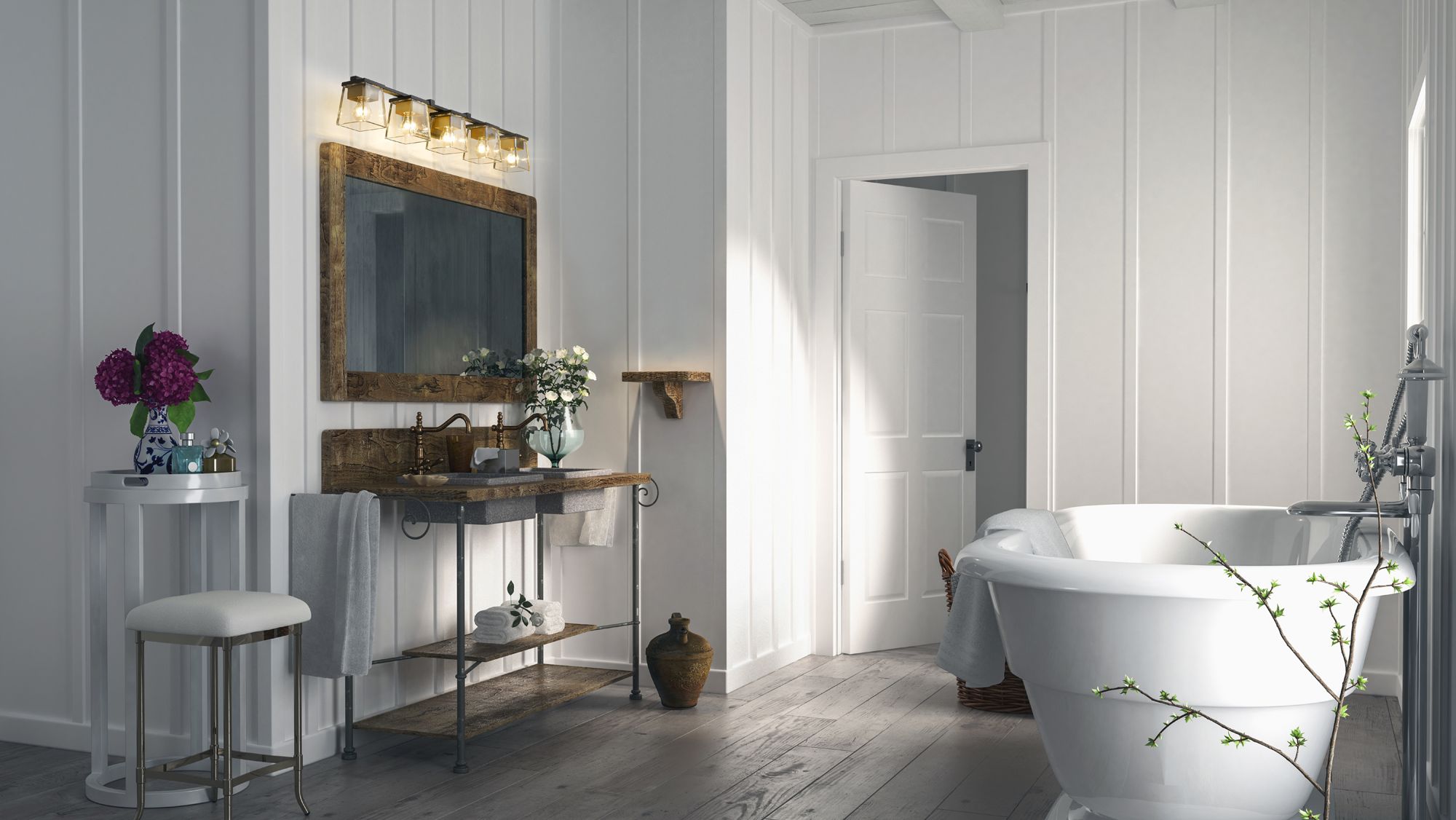 Bleeker Street 42 1/2"W Matte Black and Olde Brass 5-Light Bath Light in scene