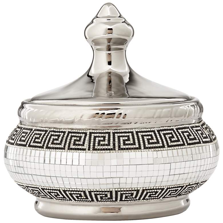 Image 1 Bling Greek 7 inch High Shiny Silver Ceramic Jar with Lid