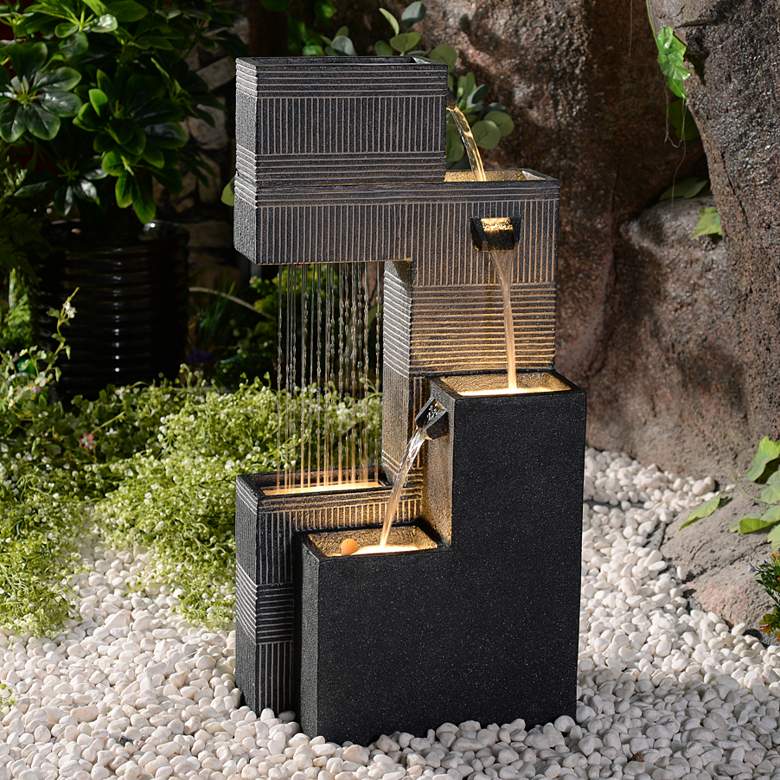 Image 1 Block Fall 33 1/2"H Black Gray Outdoor LED Floor Fountain