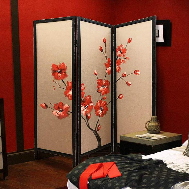 Image 1 Blooming 60" Wide Red Poppy 3-Panel Screen/Room Divider
