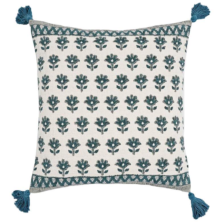 Image 1 Blossom Blue Printed Cotton Tassel 20" Accent Cushion
