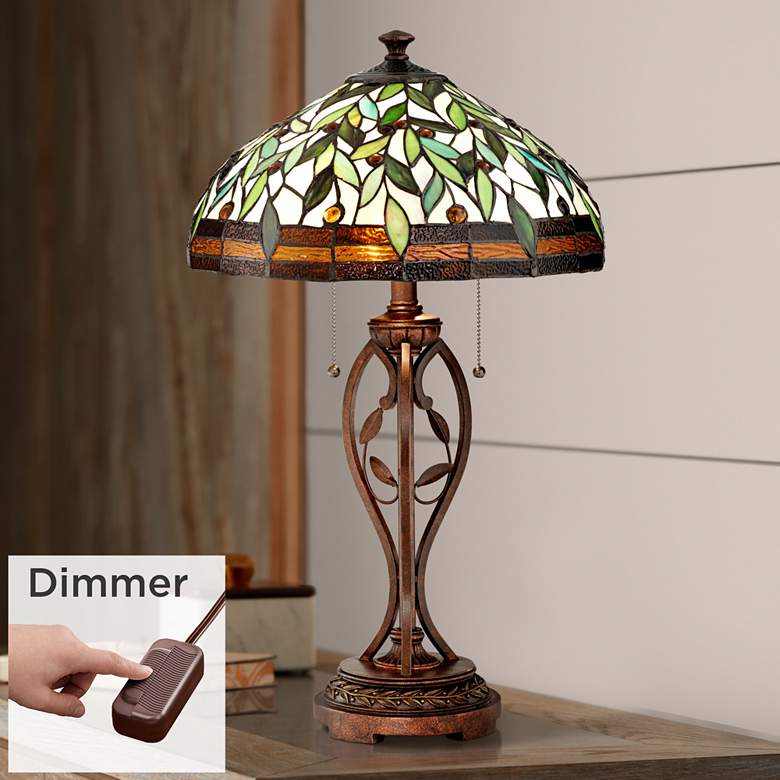 Blossoming Leaf Vine Bronze Tiffany Lamp with Table Top Dimmer