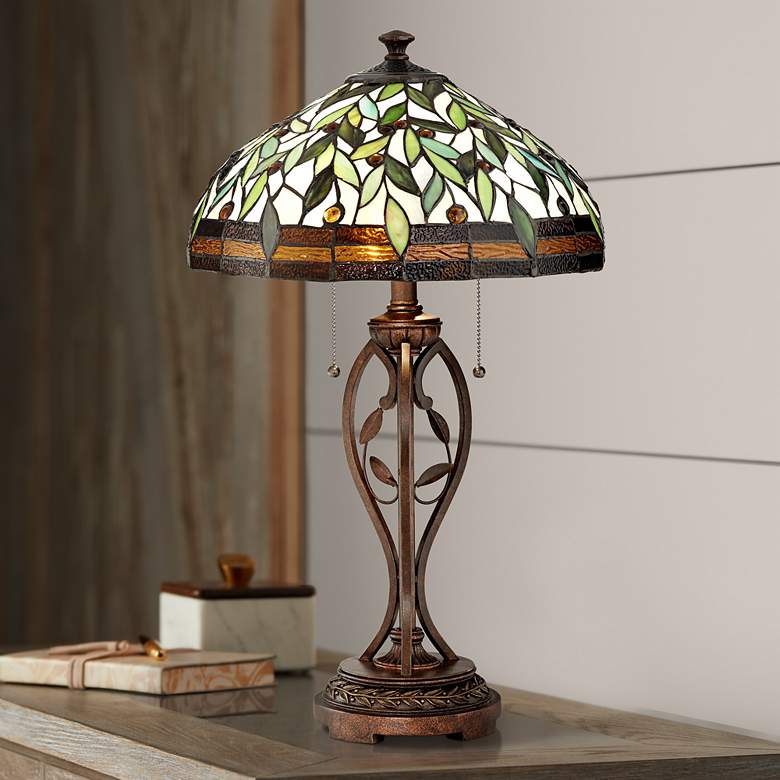 Image 1 Blossoming Leaf Vine Bronze Tiffany Table Lamp w/ 17W LED Bulb