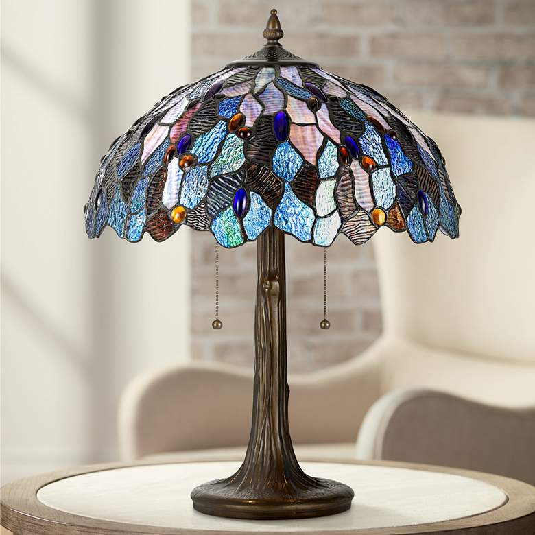 Image 1 Blue And Antique Brass 22 1/2 inch High Tiffany Accent Lamp