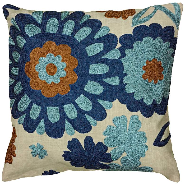 Image 1 Blue and Cream Floral Embroidered 18 inch Square Throw Pillow