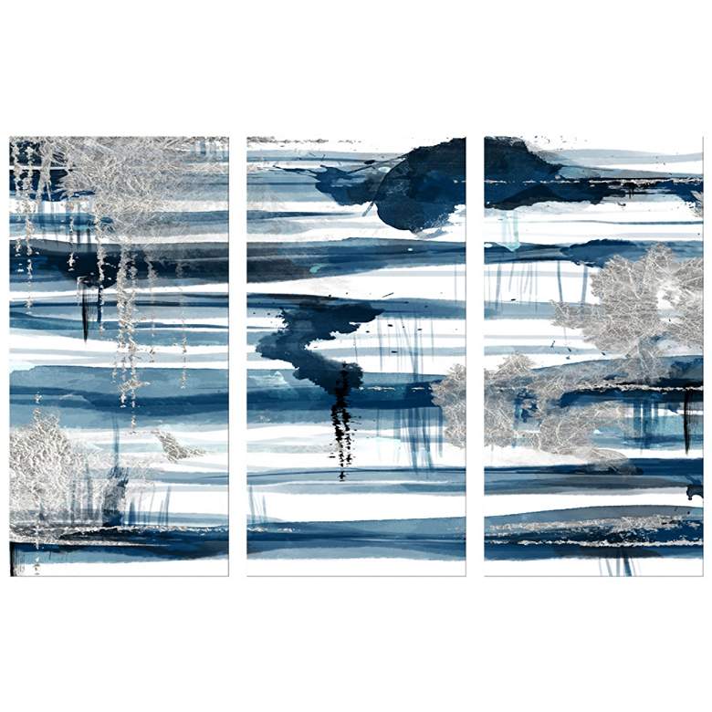 Image 1 Blue and Silver Leaf 40" High Triptych Canvas Wall Art