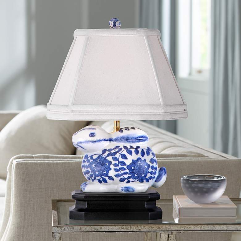 Image 1 Blue And White 16"H Porcelain Bunny Accent Table Lamp