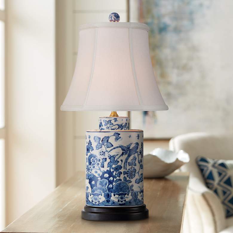 Image 1 Blue and White 21" High Hand-Detailed Oval Porcelain Accent Table Lamp