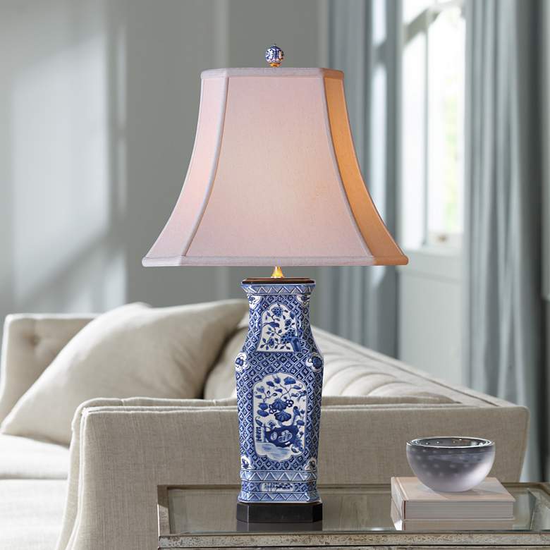 Blue and White Contoured Square Porcelain Vase Table Lamp