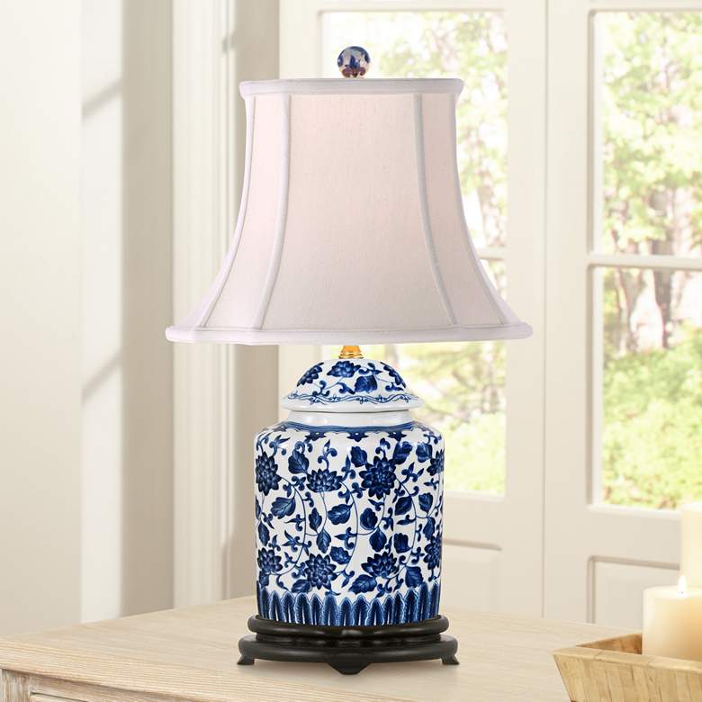 Blue and White Floral Scalloped Porcelain Tea Jar Table Lamp