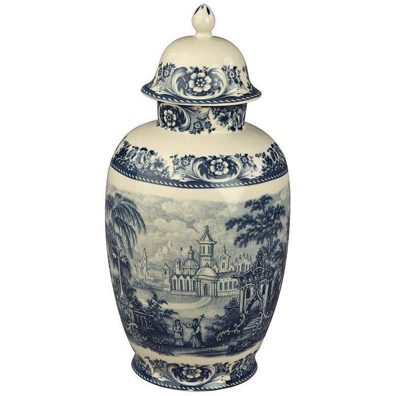 Image 1 Blue and White Porcelain 16 1/2 inch High Jar with Lid