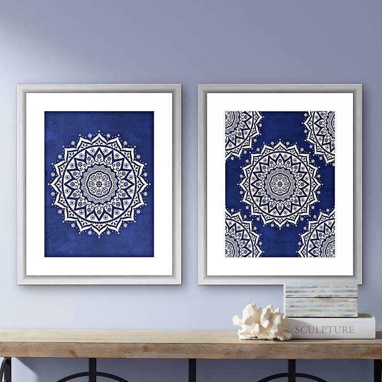 Image 1 Blue Boho Pattern 22" High Framed Giclee Prints Wall Art - Set of 2