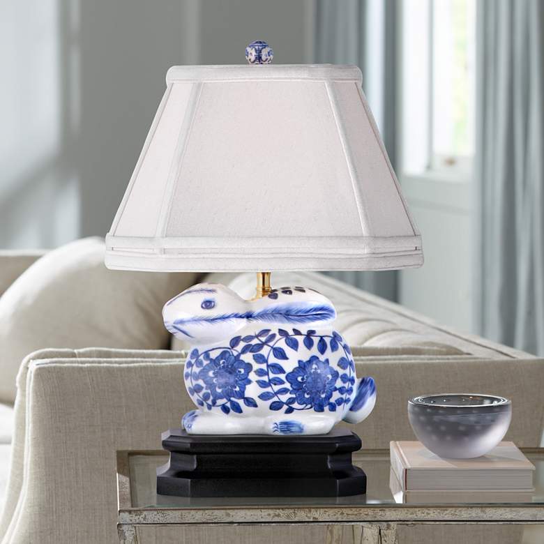 Image 1 Blue Bunny 16" High Blue and White Porcelain Rabbit Accent Table Lamp