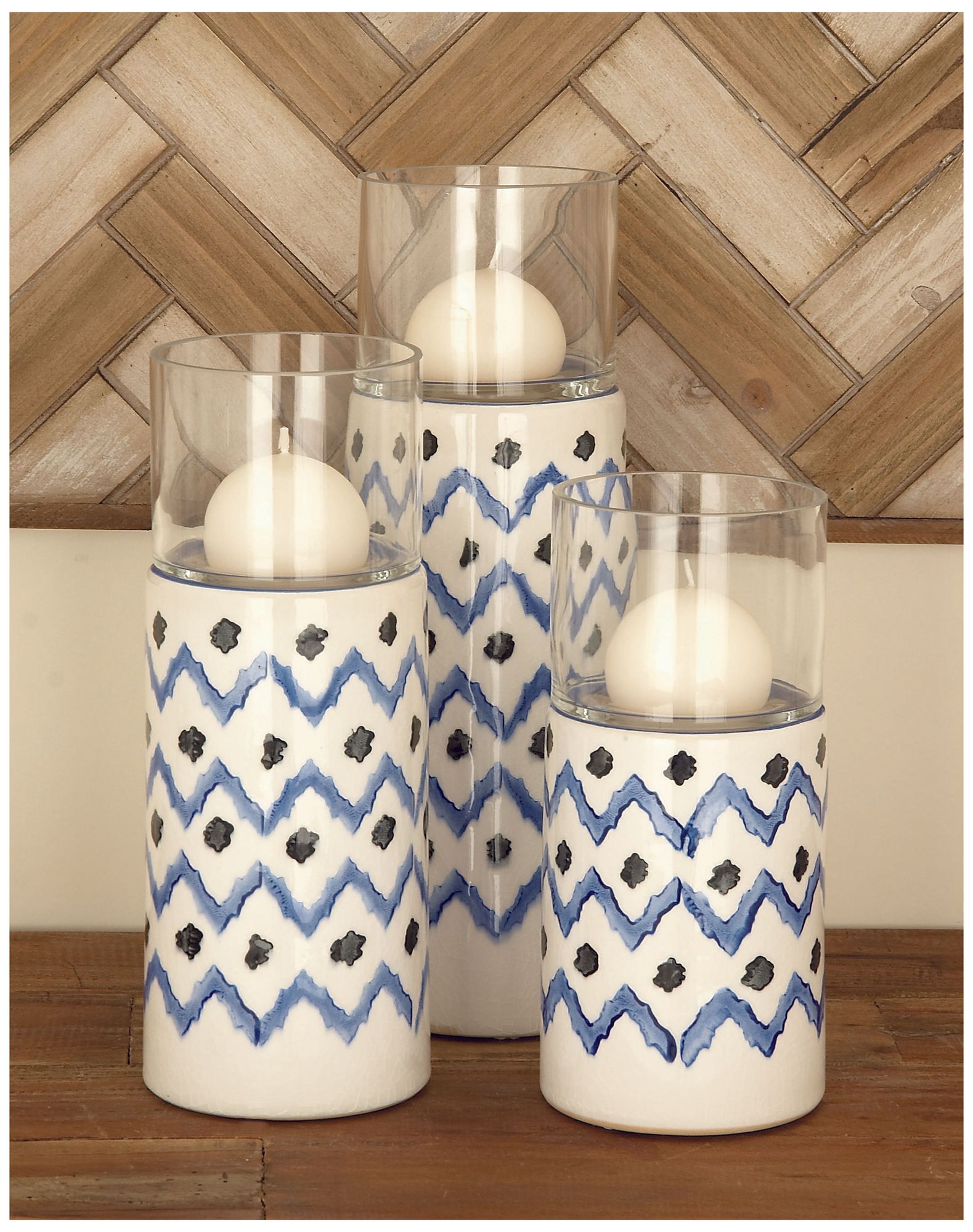 Image 2 Blue Ceramic Contemporary Hurricane Lamp, S/3 9", 11", 13"H more views
