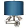 Blue Faux Silk Brushed Nickel Plug-In Swing Arm Wall Lamp