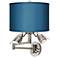 Blue Faux Silk Brushed Nickel Plug-In Swing Arm Wall Lamp