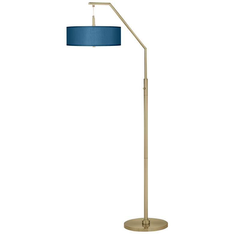 Image 2 Blue Faux Silk Giclee Warm Gold Arc Floor Lamp