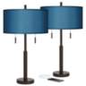 Blue Faux Silk Robbie Bronze USB Table Lamps Set of 2