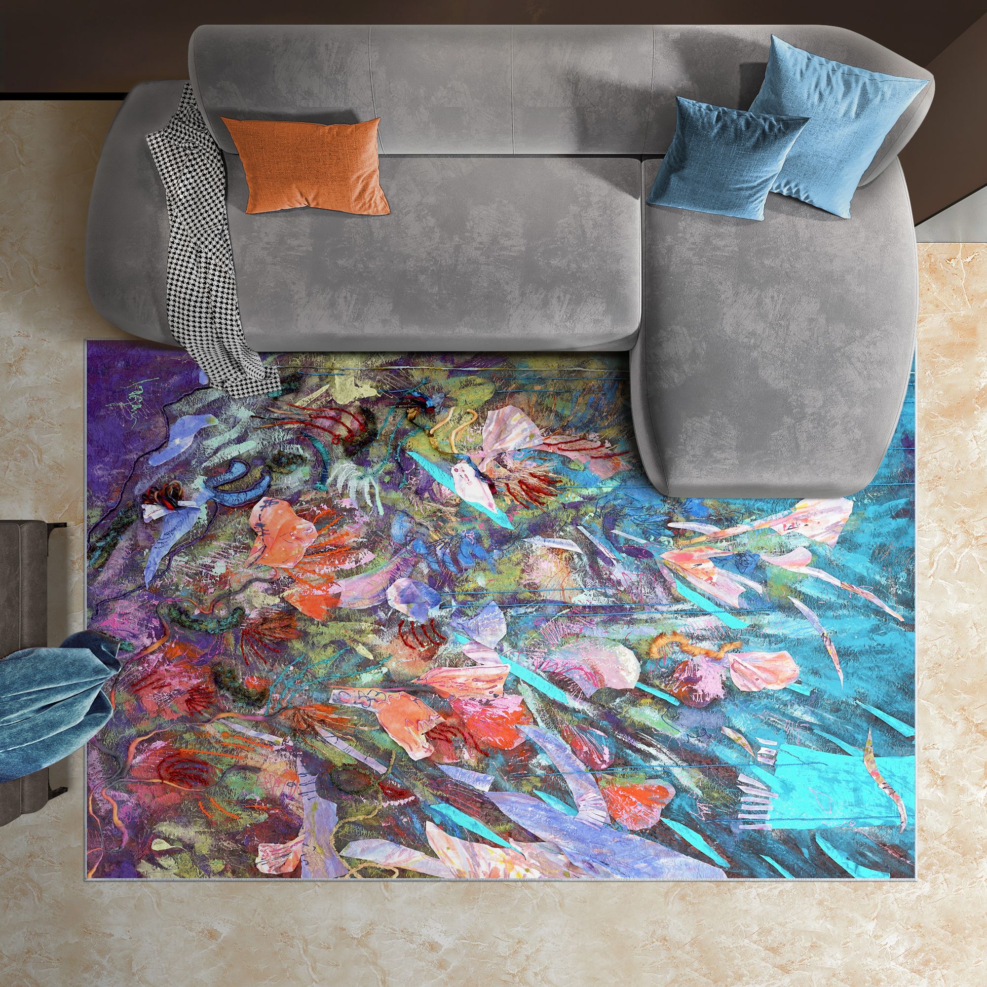 Image 2 Blue Floral Efflorescence Washable Art Area Rug size 5'x8' more views