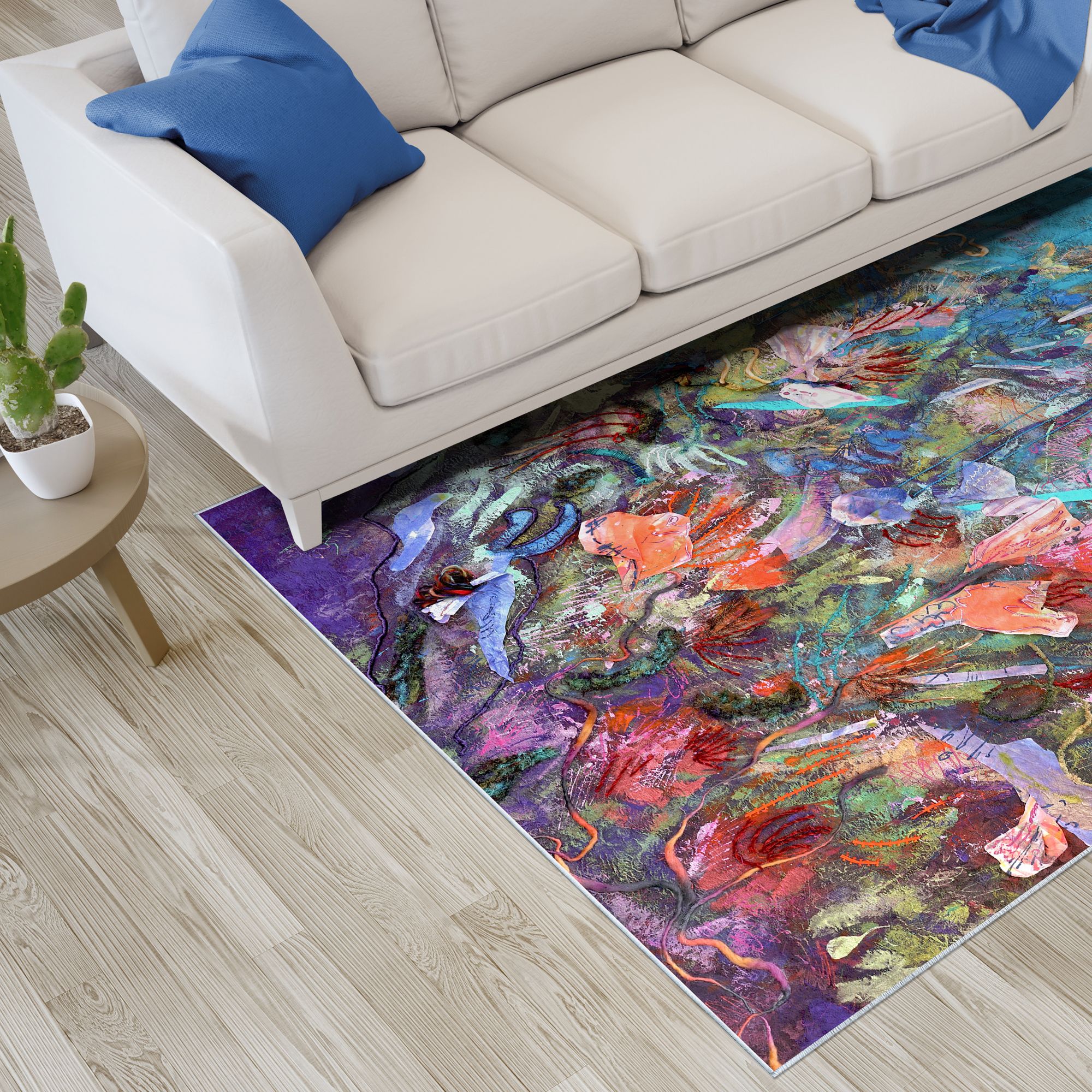 Image 5 Blue Floral Efflorescence Washable Art Area Rug size 5'x8' more views