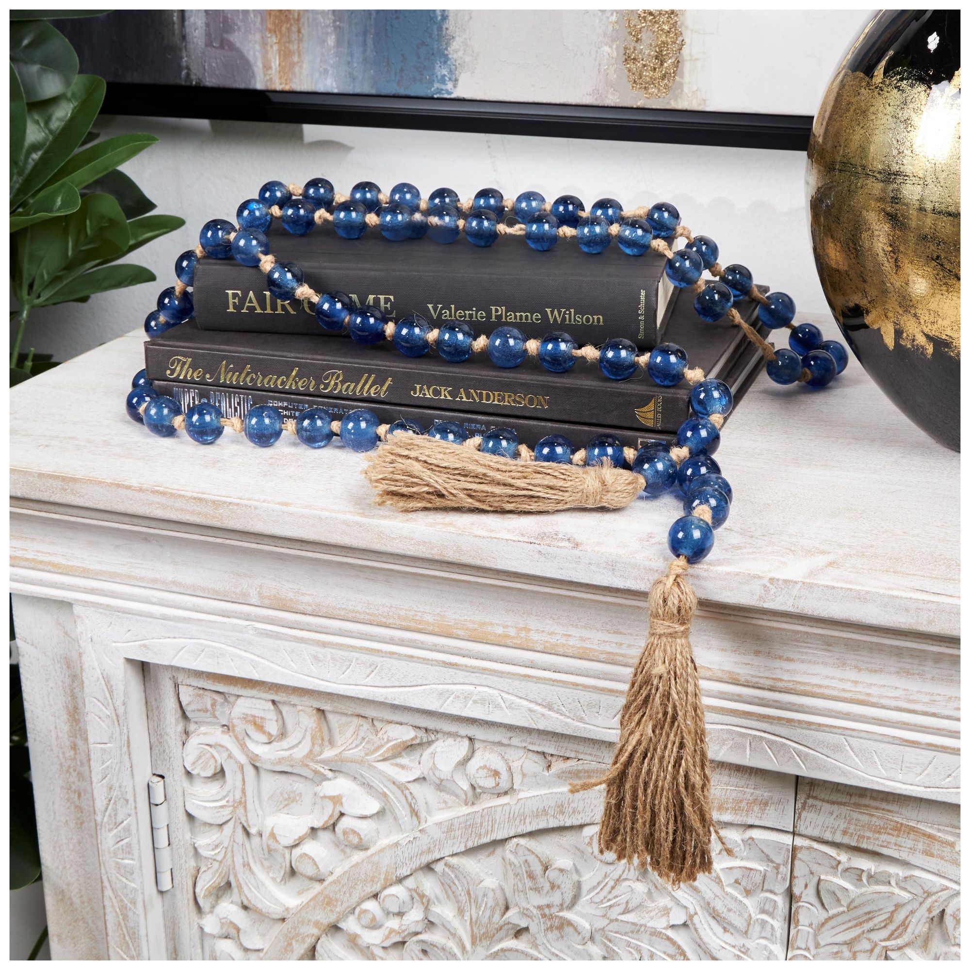 Image 4 Blue Glass Bohemian Garland with Tassel, 87" x 1" x 1" more views