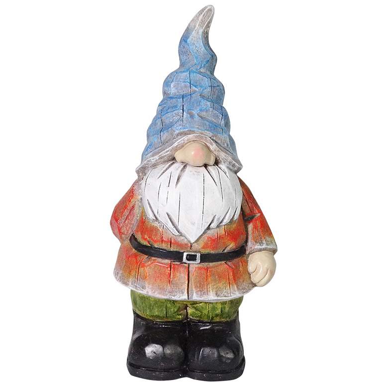 Image 1 Blue Hat Gnome 17" High Wood-Carved Outdoor Garden Statue