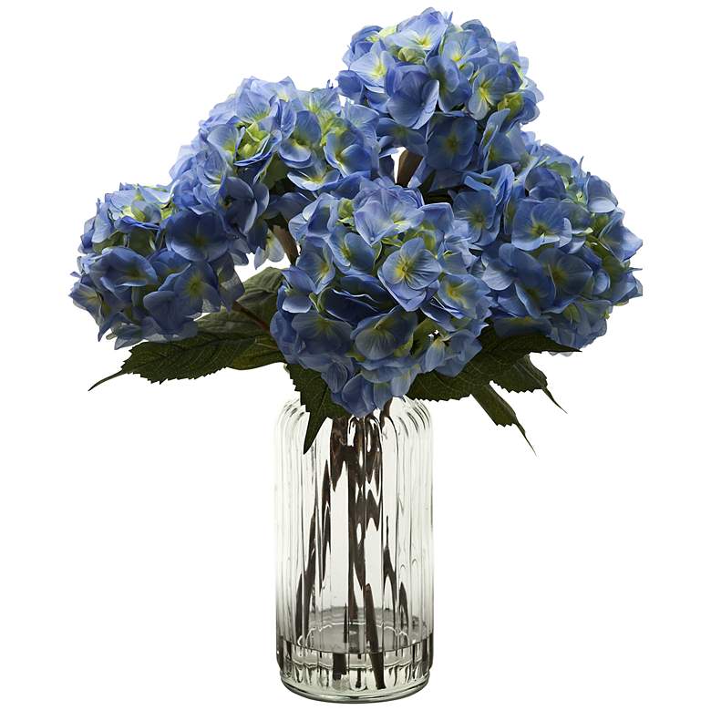 Image 1 Blue Hydrangeas in Tall Ridged Glass Vase