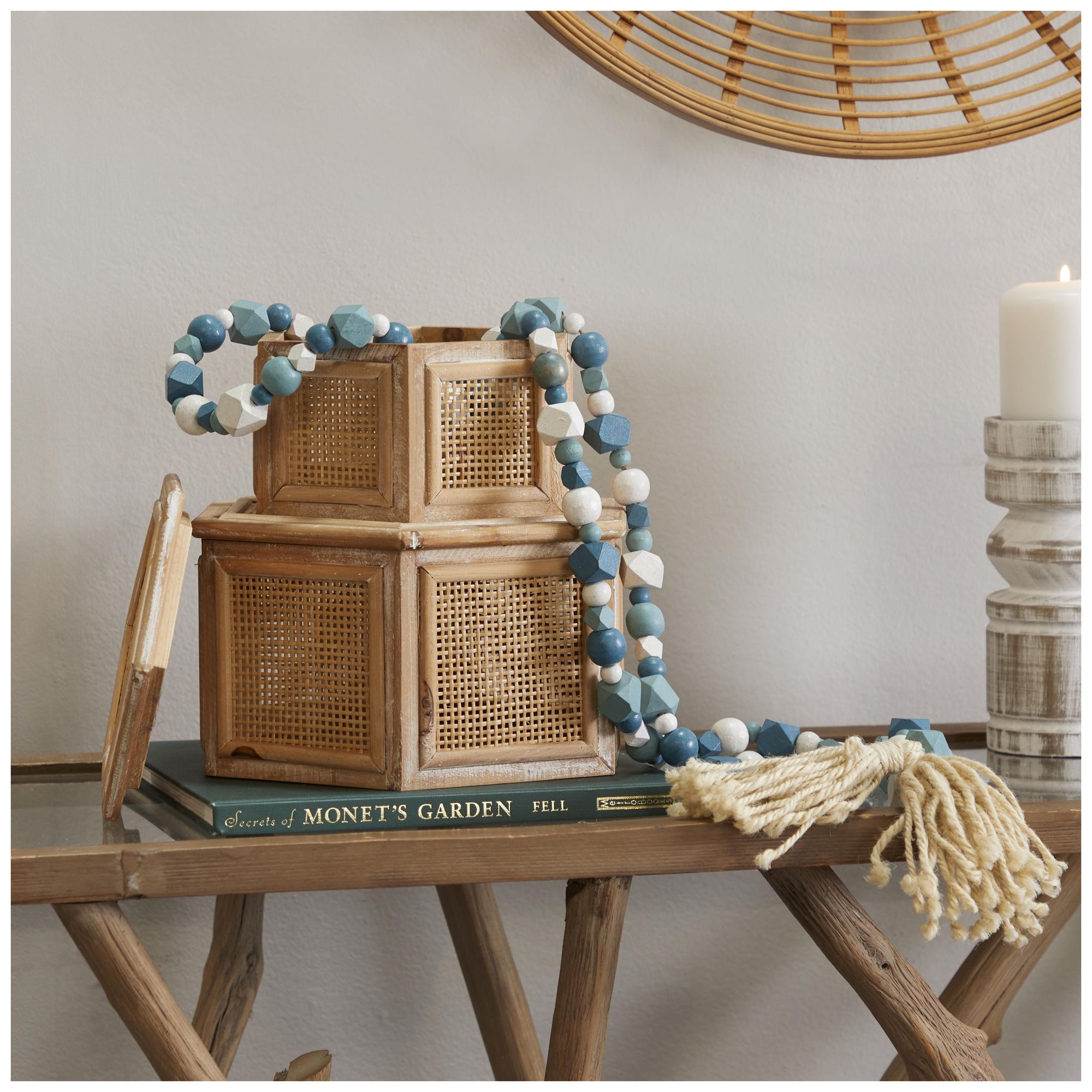 Image 3 Blue Mango Wood Bohemian Garland with Tassel, 80" x 1" x 1" more views