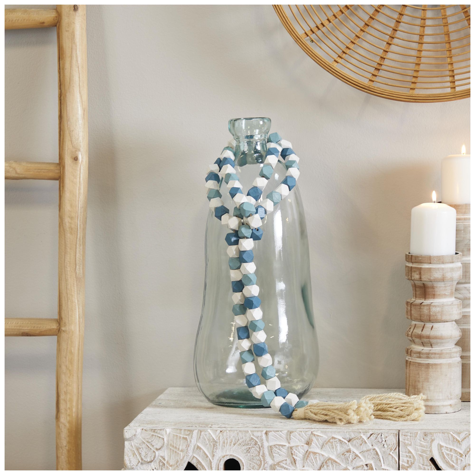 Image 3 Blue Mango Wood Bohemian Garland with Tassel, 80" x 1" x 1" more views