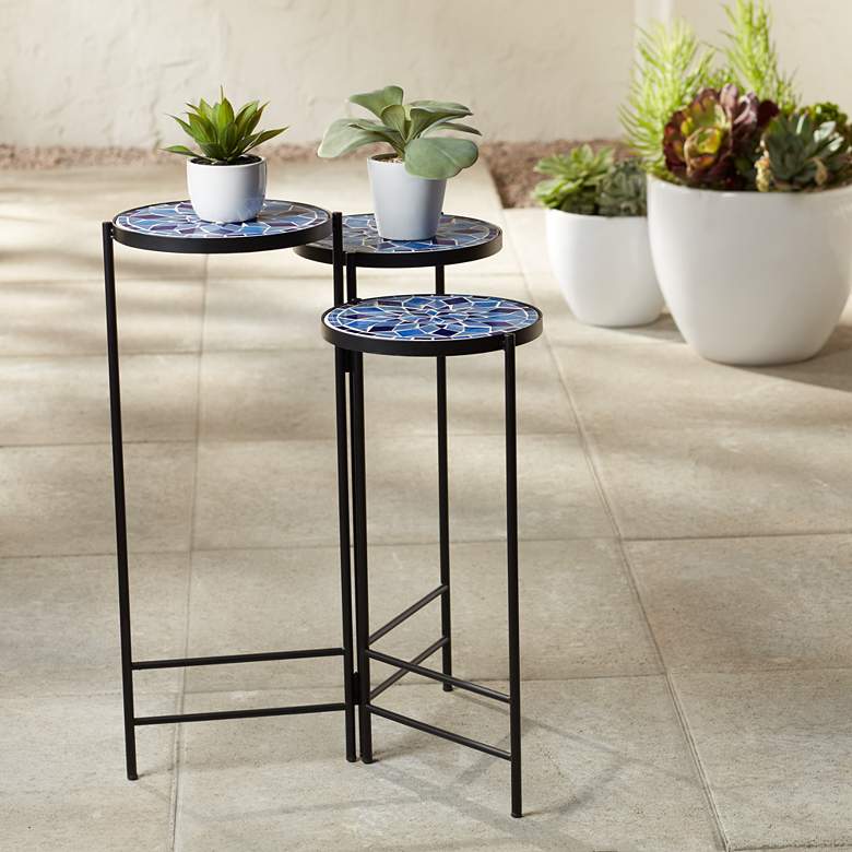 Image 1 Blue Mosaic Black Iron Set of 3 Accent Tables