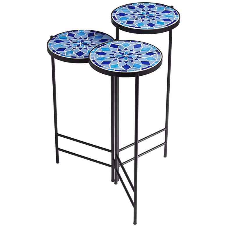 Image 7 Blue Mosaic Black Iron Set of 3 Accent Tables more views